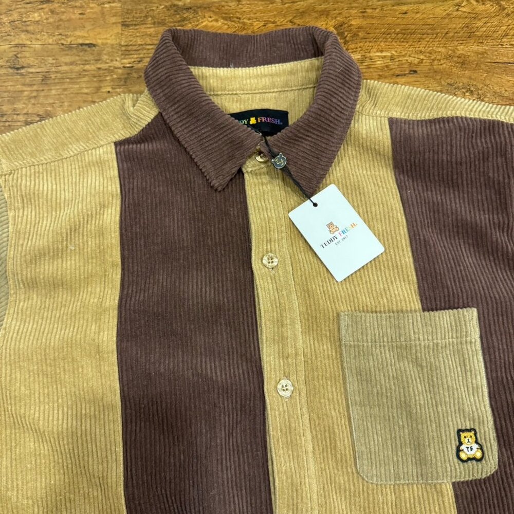 Teddy Fresh Brown Colorblock Corduroy Casual Long Sleeve Button Up Shirt Men's S